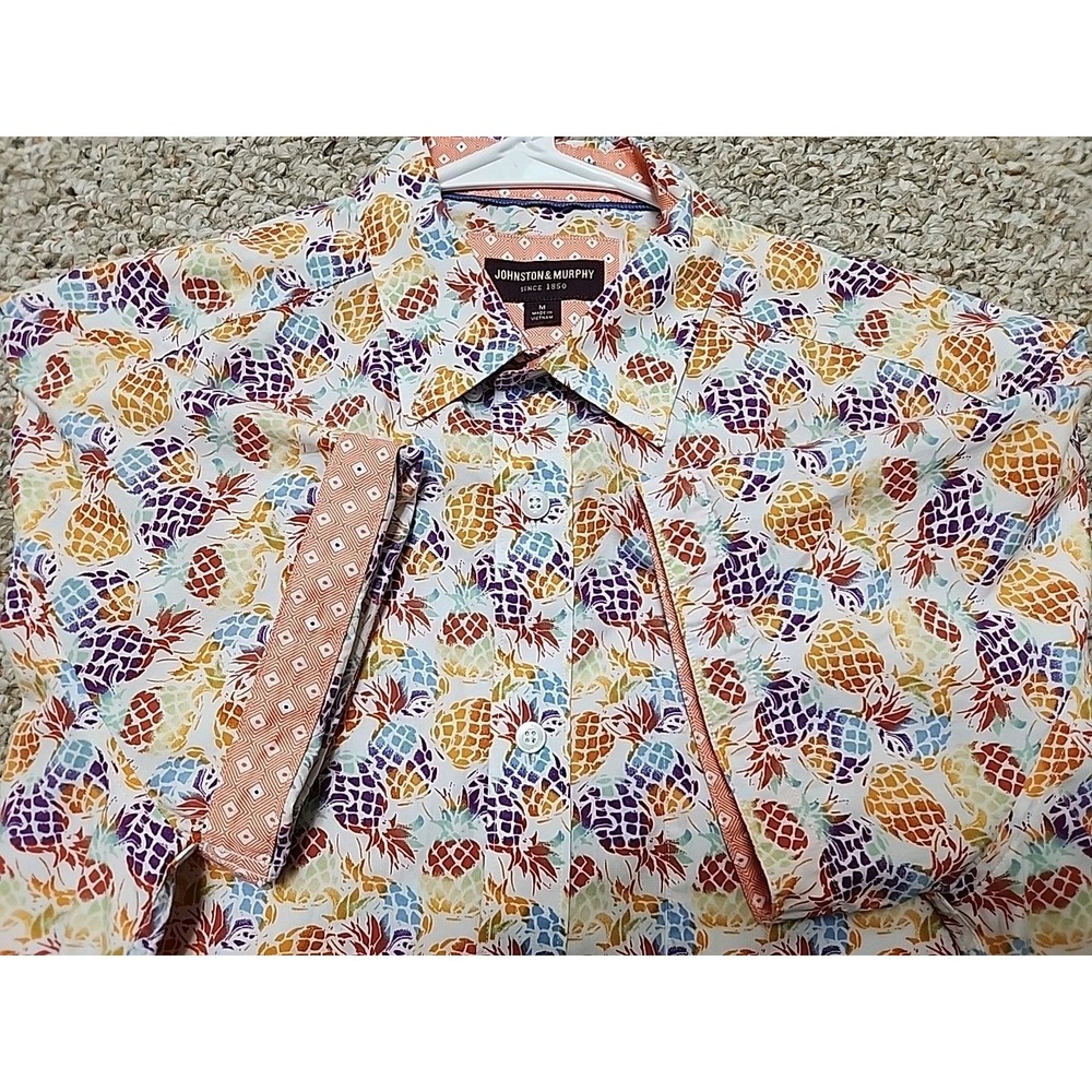 Johnston & Murphy Shirt Medium Mens Pineapple Rainbow Print Short Sleeve Casual